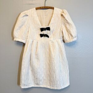 Cream Jacquard Puff Sleeve Babydoll Dress Velvet Bows Coquette Princess Core